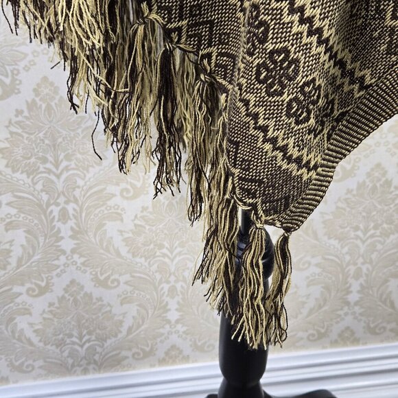 One Size Brown Cream Chevron Striped Poncho Rainbow Embroiderd Tassels Fringe - Picture 5 of 11